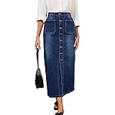 Jean Skirt for Women Midi Button Front Stretch High Waisted Long Denim Skirts with Slit Pockets Dark Blue XXL