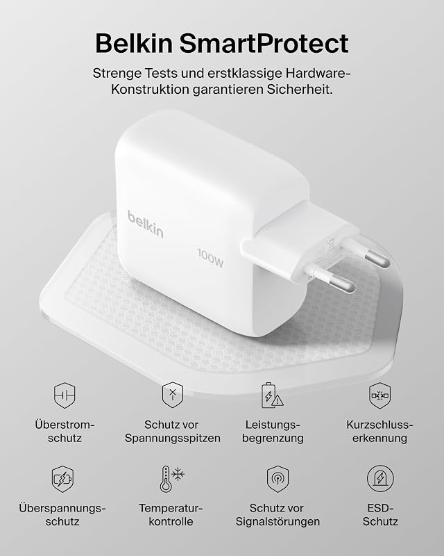 BoostCharge USB C Ladegerät, 100W GaN Schnellladegerät für iPhone 17, Samsung Galaxy S26, Pixel 10, AirPods, Tablet, MacBook – USB Netzteil mit 1,5-m-USB-C-Kabel, Reisezubehör – Weiß