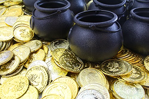 420 Plastic Gold Coins Plus 12 Mini Black Cauldron Pots Bundle By WellPackBox for Halloween St Patrick Parties Candy Bucket, Candy Kettle Pot of Gold - Thumbnail 2