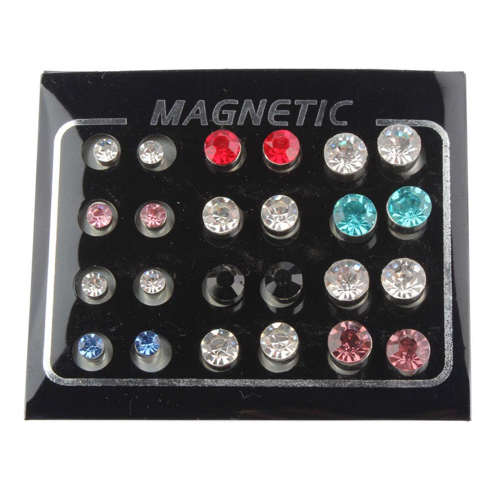 POFET 12 Pairs Colors Shiny Rhinestones Magnetic Clip Non Piercing Earrings Set Unisex