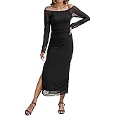 Amilia Womens Sexy Scoop Neck Long Sleeves Ruched Mesh Dress Split Bodycon Cocktail Party Midi Sheath Dresses