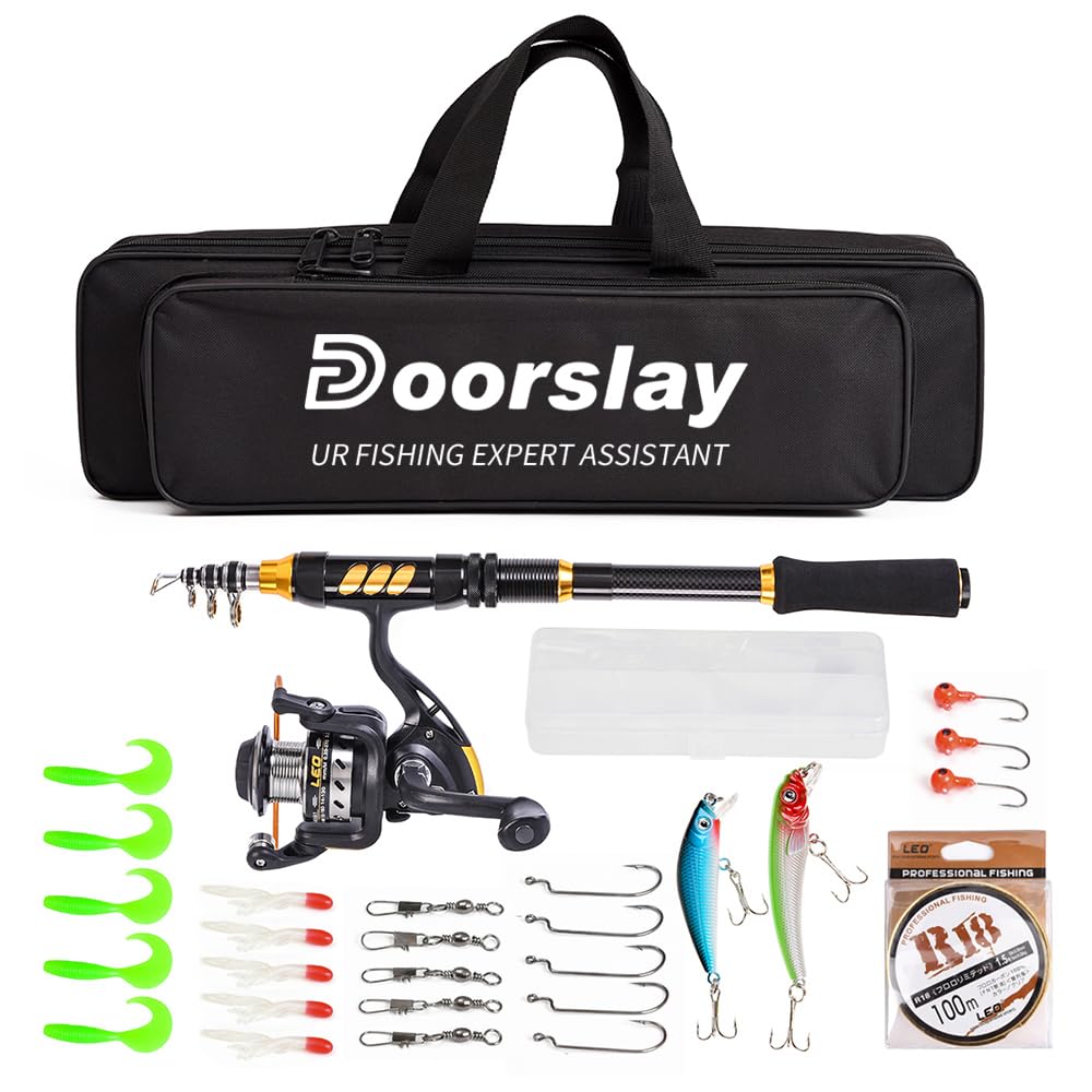 doorslay Portable Telescopic fishing set，1 * telescopic fishing rod，1 * professional fishing reel，bait，100m fishing line，fishing accessories，for Saltwater Freshwater beginners and fishing lovers，1.50