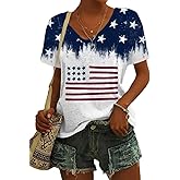 Women's V-Neck America Flag Patriotic T-Shirt Summer 4th of July Independence Day USA Star and Stripes Graphic Tees