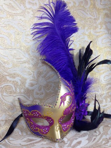 Grand Venetian Impression Purple and Gold Grand Swan Laser Cut Masquerade Mask - Decorated w/ Side Feather