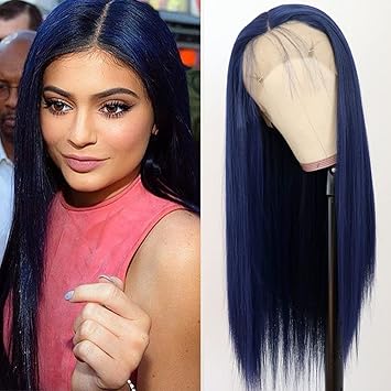 Amazon Com Qd Tizer Dark Blue Lace Front Wigs For Fashion Woman Long Straight Navy Blue Hair Heat Resistant Fiber Hair Synthetic Lace Front Wigs 24 Inch Beauty