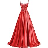 homdor Beaded Satin Prom Dresses 2026 A Line Formal Dresses for Women Lace Applique Corset Evening Gown