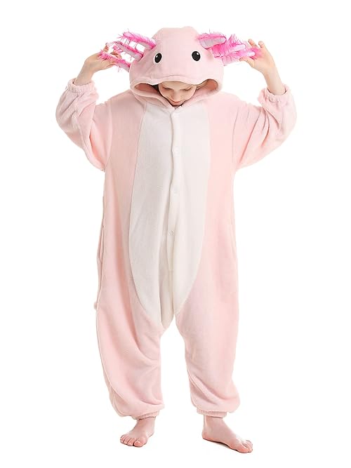 ATOZ Onesie for Kids, Animal Pajamas Halloween Cosplay Costume for Girls Boys, Pink Axolotl 6-7Y