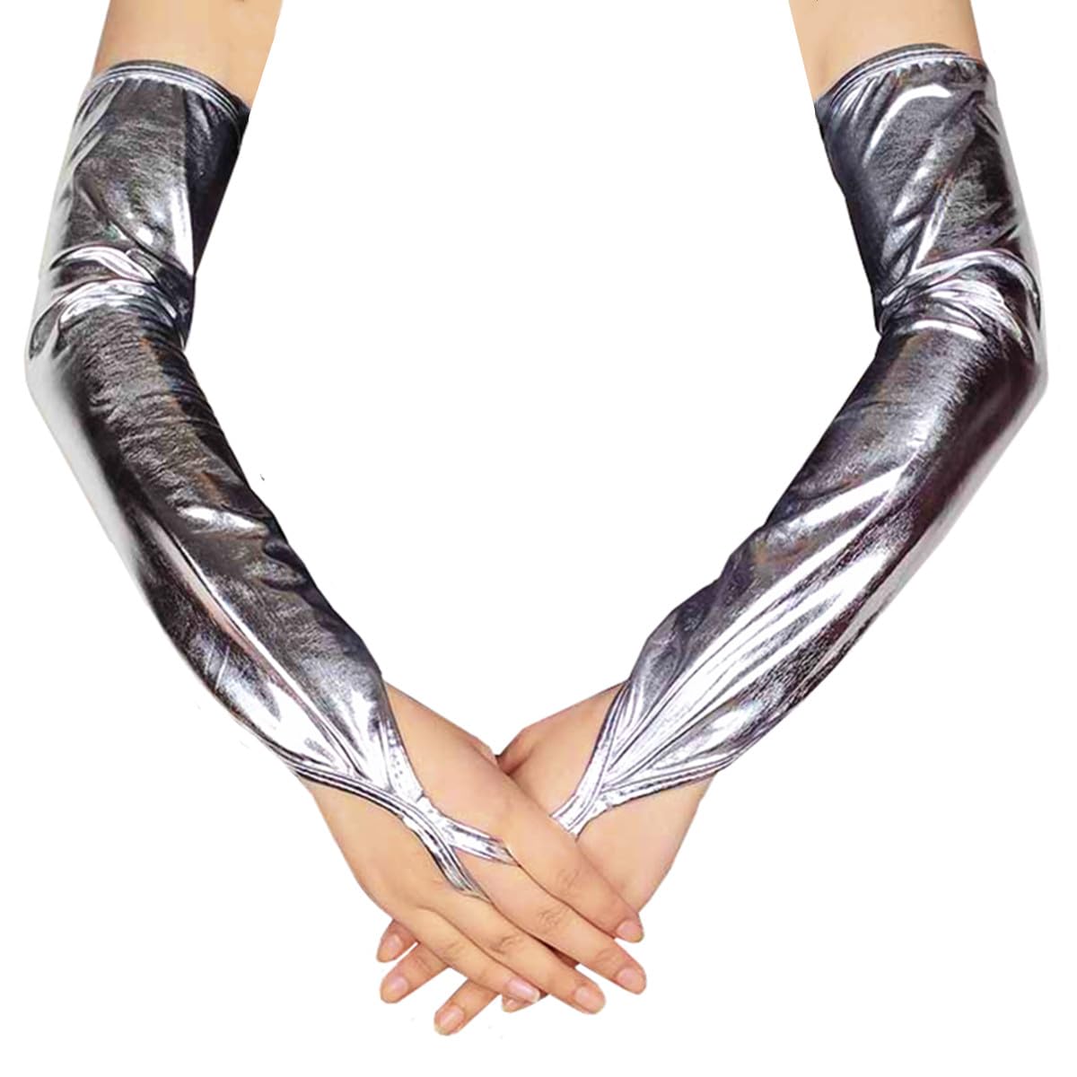 Hybursky Women Metallic Fingerless Long Gloves, Patent Leather Shiny Elbow Length Opera Gloves for Evening Party Masquerade Rave Stage Performance Cosplay Costume Night Club Dancewear (Silver) — image 1