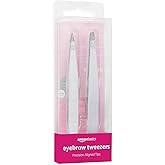 Amazon Basics Precision Eyebrow Tweezers for Fine Hair Removal, Stainless Steel, 2 Pack