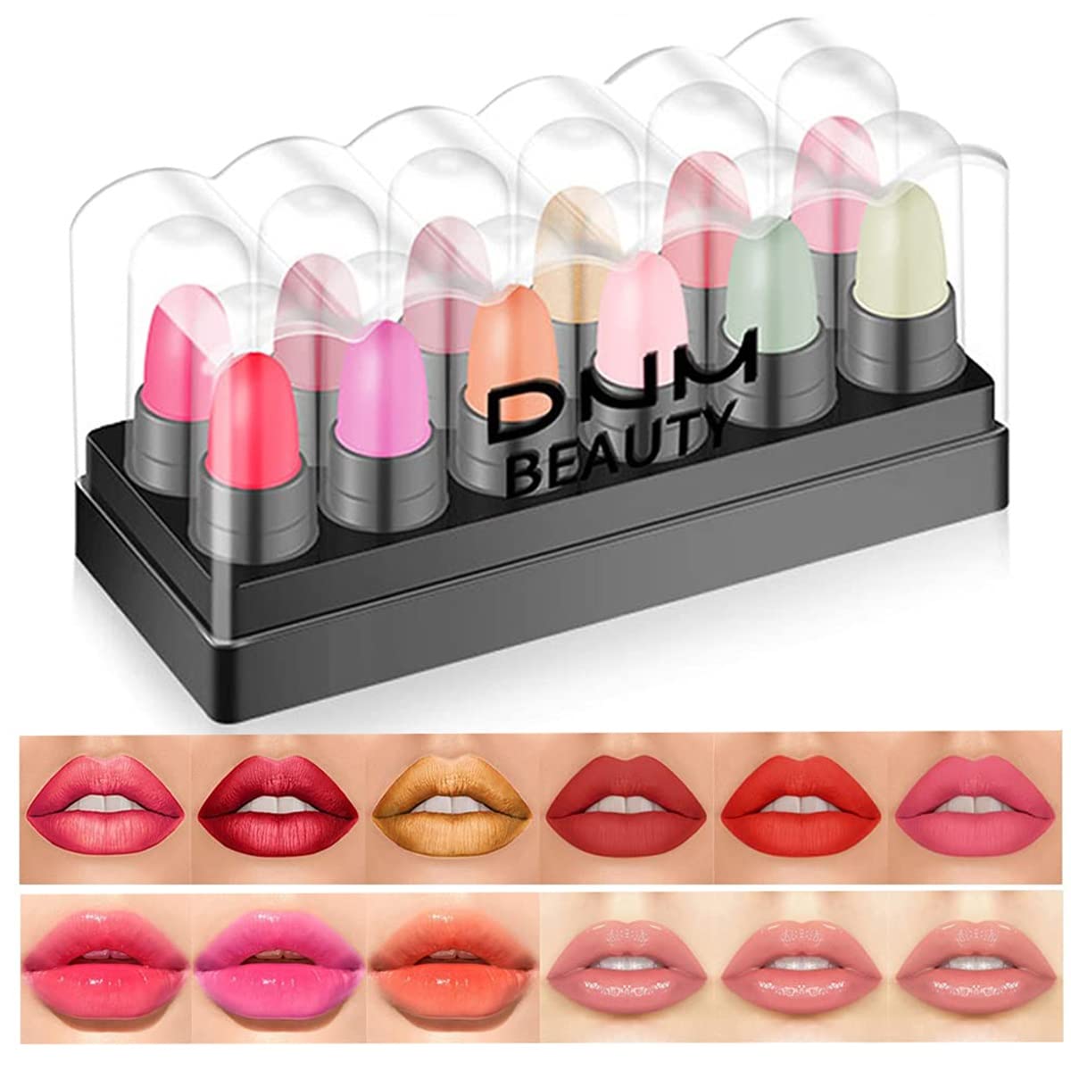 Photo 1 of 12 Pcs Capsule Lipstick Packs: 3 Strawberry Mint Apple Flavor Lip Balm, 3 Color Changer Jelly Lipstick, 3 Matte, 3 Metallic, Long Lasting Waterproof