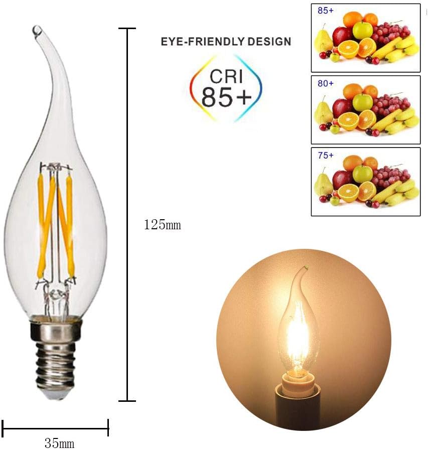 BANGSHUO Pack 6 E14 Vintage Candelabra LED Bulb 4W C35 400 Lumens Warm White 2700K Chandelier Light Bulbs C35 Filament LED Candle Bulb Flame Tip No Dimmable - Image 3
