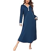 Ekouaer Womens Nightgown Long Loungewear V Neck Nightshirt Sleepwear Full Length Sleepshirt with Pockets