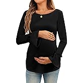 FMEYOA Women's Maternity Shirts Bell Sleeve Pregnancy Tops Casual Boat Neck Maternity Clothes