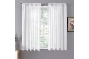 Tollpiz Short Sheer Curtains Linen Textured Bedroom Curtain Sheers Light Filtering Rod Pocket Voile Curtains for Living Room, 54 x 45 inches Long, White, Set of 2 Panels