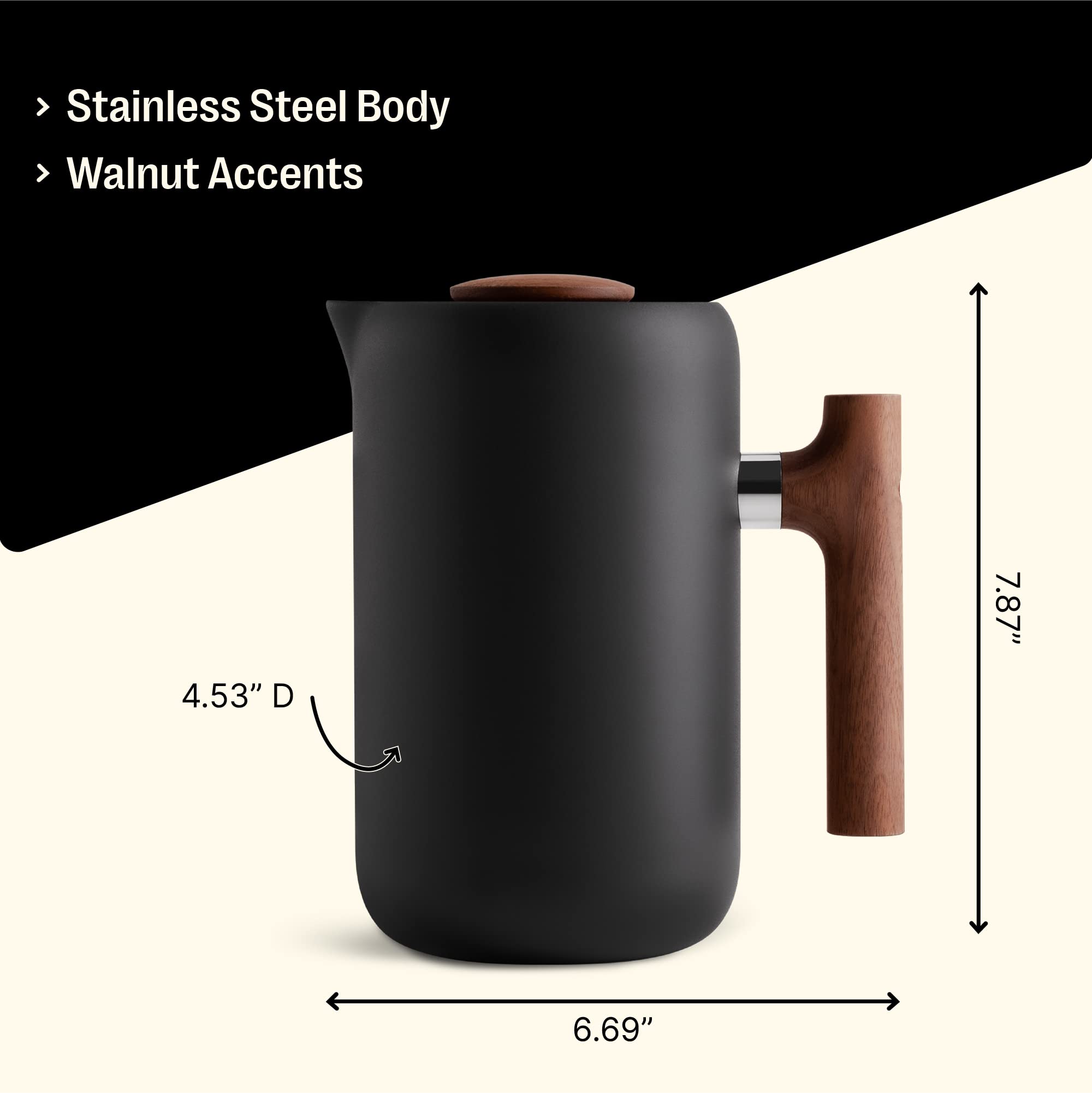 Fellow Clara French Press Coffee Maker - Portable Stainless Steel Coffee Press, Insulated Manual Brewer, Matte Black with Walnut, 24 oz Carafe
