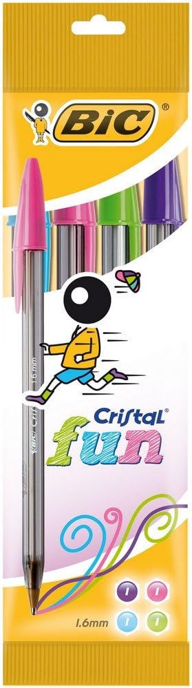 BIC Cristal Fun Ballpoint Pens 4 Pack Assorted Colours 1.6 mm Wide Tip