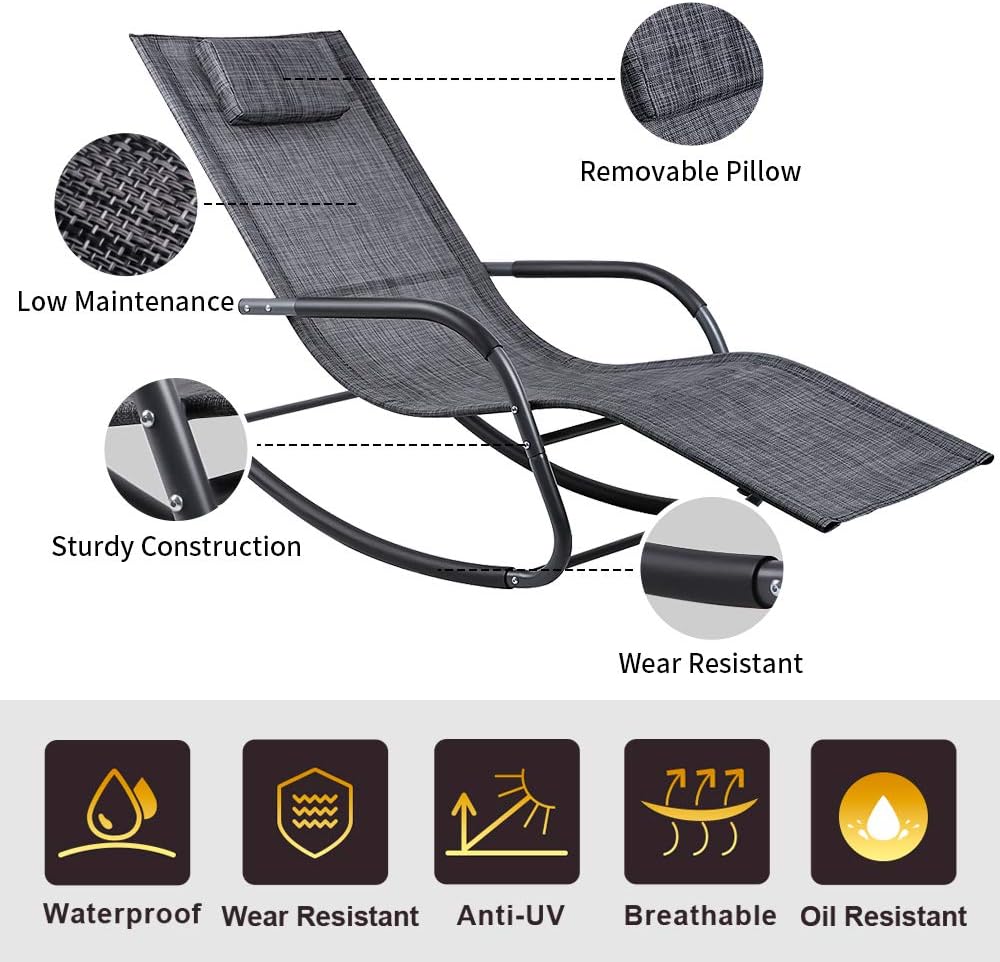 Wostore Rocking Lounger Patio Chaise Sunbathing Chair with Recliner Movable Sleep Bed Included Pillow and Breathable Texteline Farbic-Camouflage Grey: Kitchen & Dining