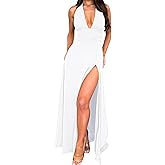 GOKATOSAU Women's Sexy Sleeveless Halter V Neck Ruched Waist Tie Back Side Split Long Maxi Dress