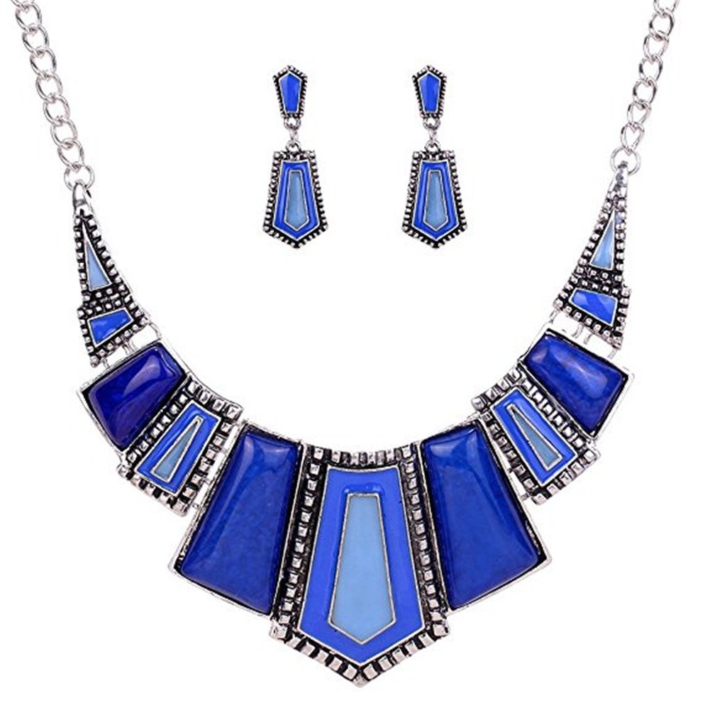 DENVOE Ethnic Style Jewelry Sets,Vintage Ethnic Black Tibetan Silver Jewelry Irregular Rhinestone Bib Collar Earrings Necklace Set