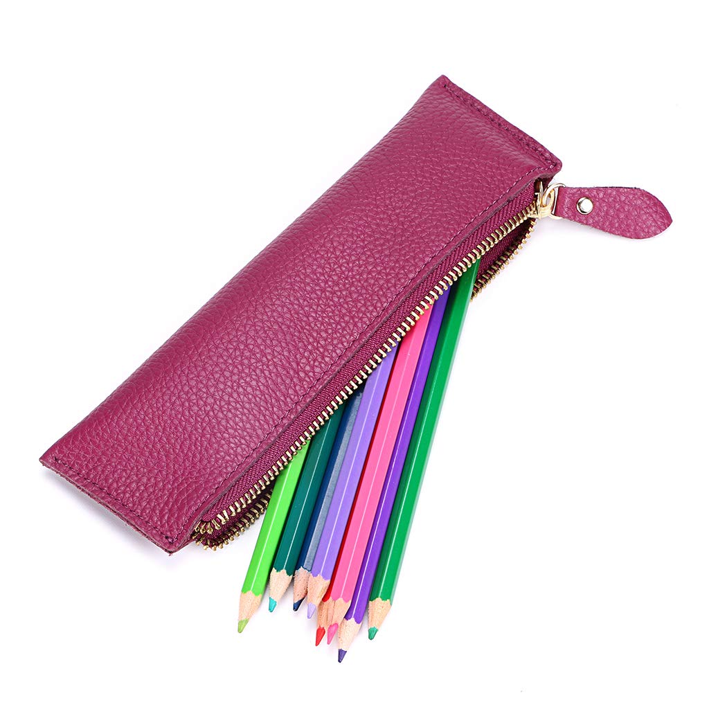 BTSKY Vintage Soft Genuine Leather Pencil Pen Case Pouch Retro Stationery Bag Holder Organizer Storage for Students Businessmen and Artists (Purple)