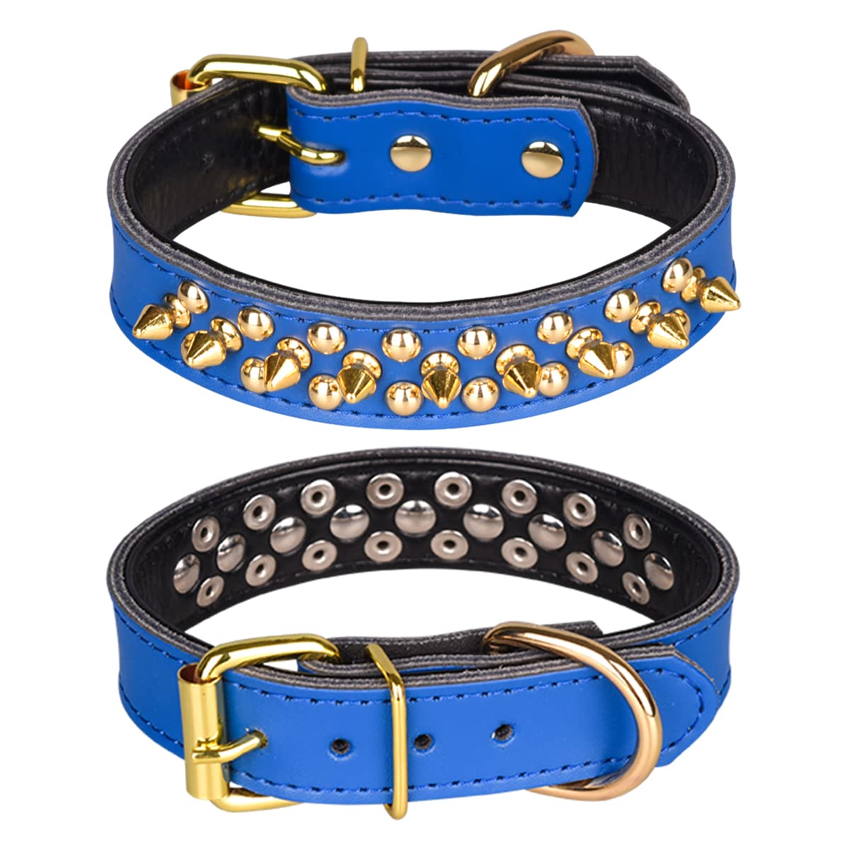 haoyueer Spiked Studded Dog Collar, Genuine Leather Dog Collar, Adjustable Pet Collars for Medium Large Bulldog Pitbull Mastiff Poodle Boxer (M, Dark Blue)