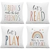 ISANOU This is Our Happy Place PillowCovers,Let's Read Let's Play Inspirational Quotes Pillow Case Set of 4,Kids Room Decor,Rainbow Pillow Decor for Classroom Nursery Baby Bedroom Playroom,18x18 Inch