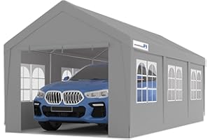 PEAKTOP OUTDOOR 10x20 ft Heavy Duty Carport Car Canopy with Removable Window Sidewalls, Portable Garage Tent Boat Shelter with Reinforced Triangular Beams, Gray