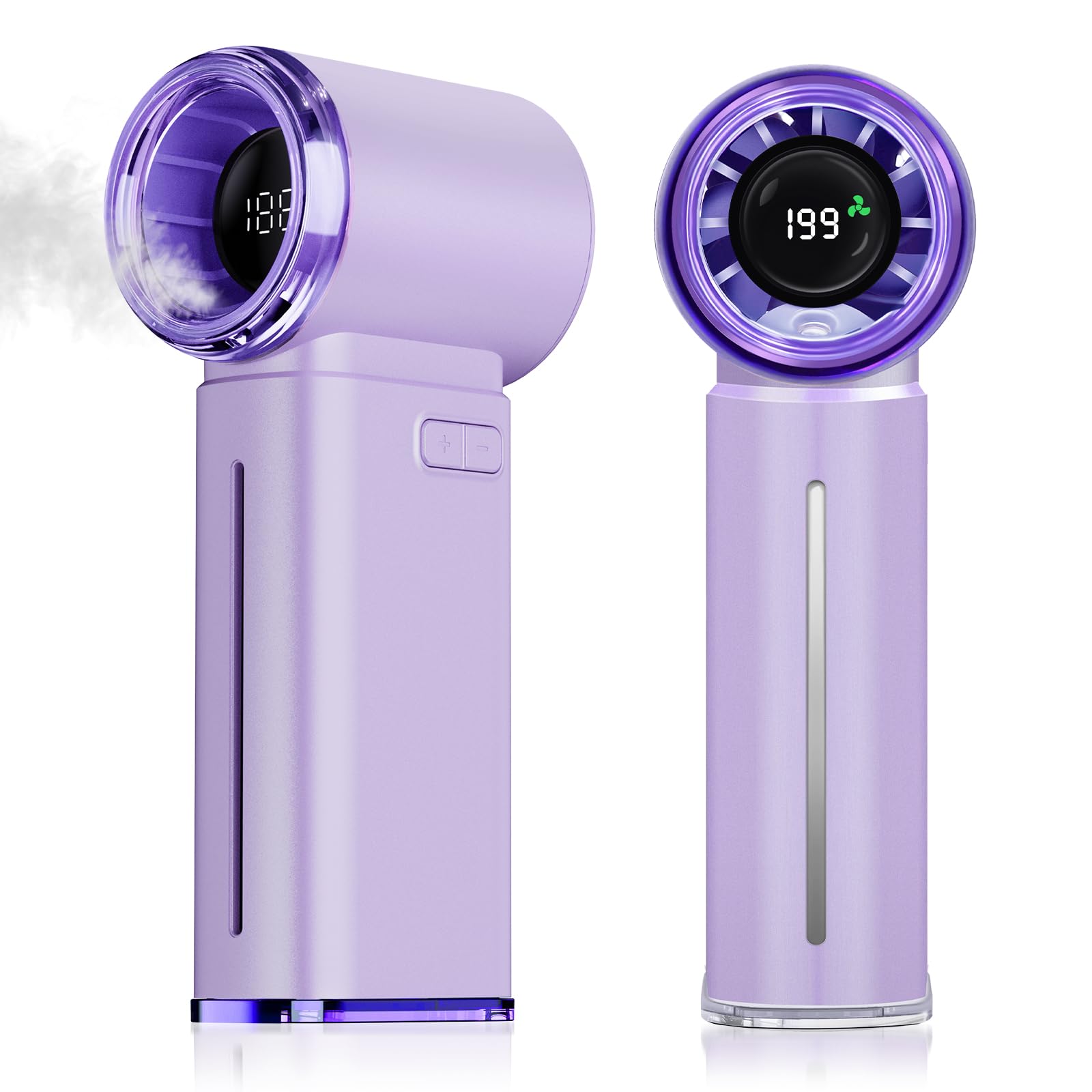 Photo 1 of (MISSING CHARGER) Portable Misting Fan - Mini Handheld Fan - 5000mAh Rechargeable Personal Mister Fans with Digital Display, 1-199 Speeds Adjustable, Birthday Gifts for Women Men Travel/Outdoor/Home/Office (Purple)