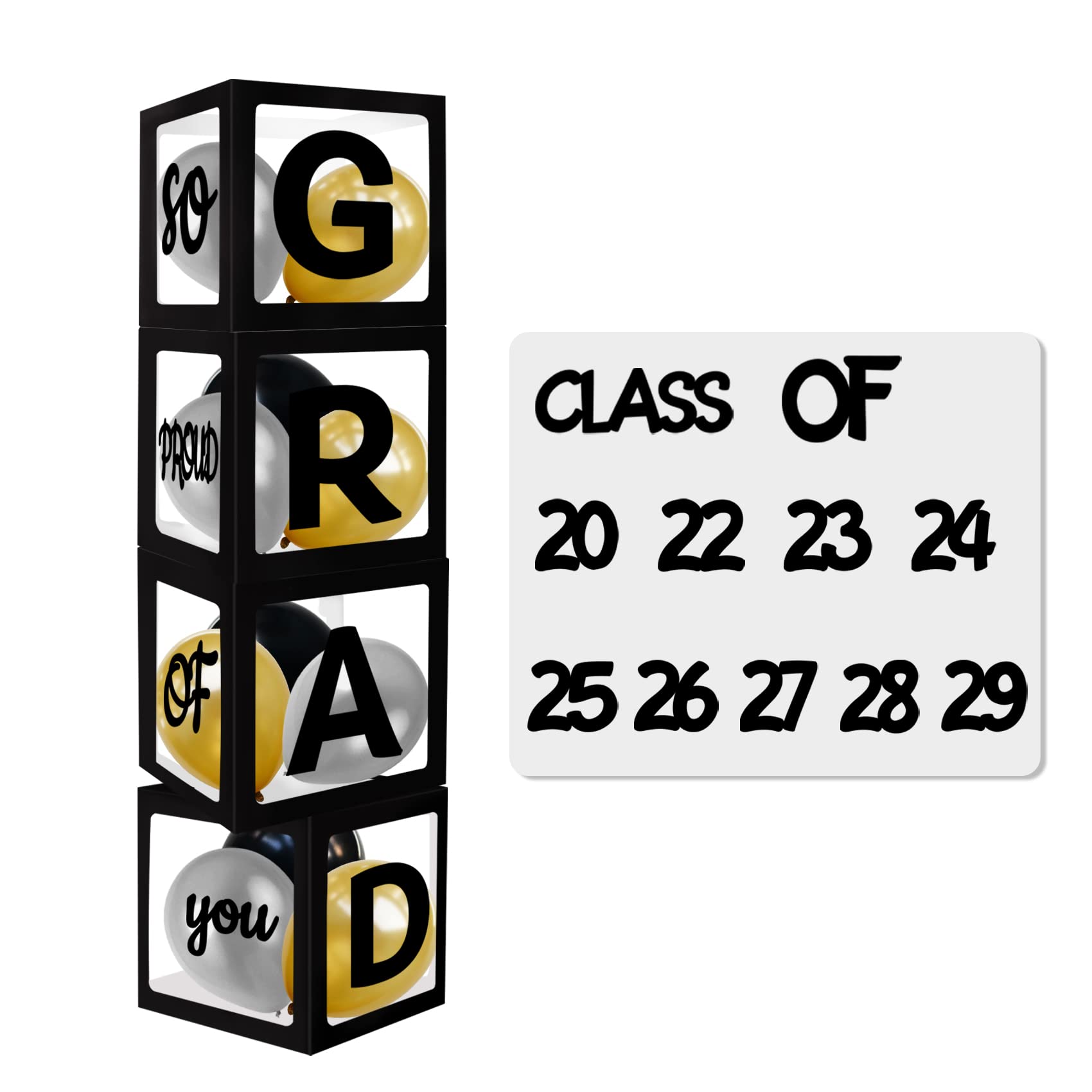 Class of 2026 Decorations Black Graduation Balloon Box Kit, with Letters" Grad","So Proud of You" and" Class of 2026", UNIIDECO Grad Party Decoration Supplies, with Black Gold Silvers Balloons