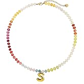 Badu Initial A-Z Colorful Beaded Gemstone Necklaces for Women 14K Gold Letter Pendant Necklace Natural Stone Summer Beach Handmade Jewelry Gift Trendy Necklaces