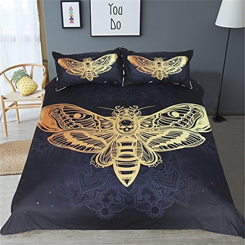 Duvet Cover Queen Bedding Set Navy Background,Bling Moth Bronzing Print Reversible Duvet Cover For Teens Adult,Lightweight Microfiber,Zipper Closure,Ultra Comfy