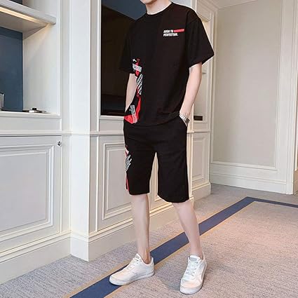 Amazon Co Jp 夏のスポーツスーツメンズカジュアルファッション韓国の学生の夏半袖tシャツルーズハンサムツーピースセット 黒 L ホーム キッチン