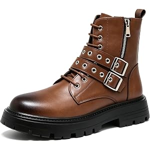 LETCLOCOM Men's Black Leather Platform Ankle Boots Lace up Side Zip Adjustable Buckle Lug sole Non-Slip Combat Booties Fashio