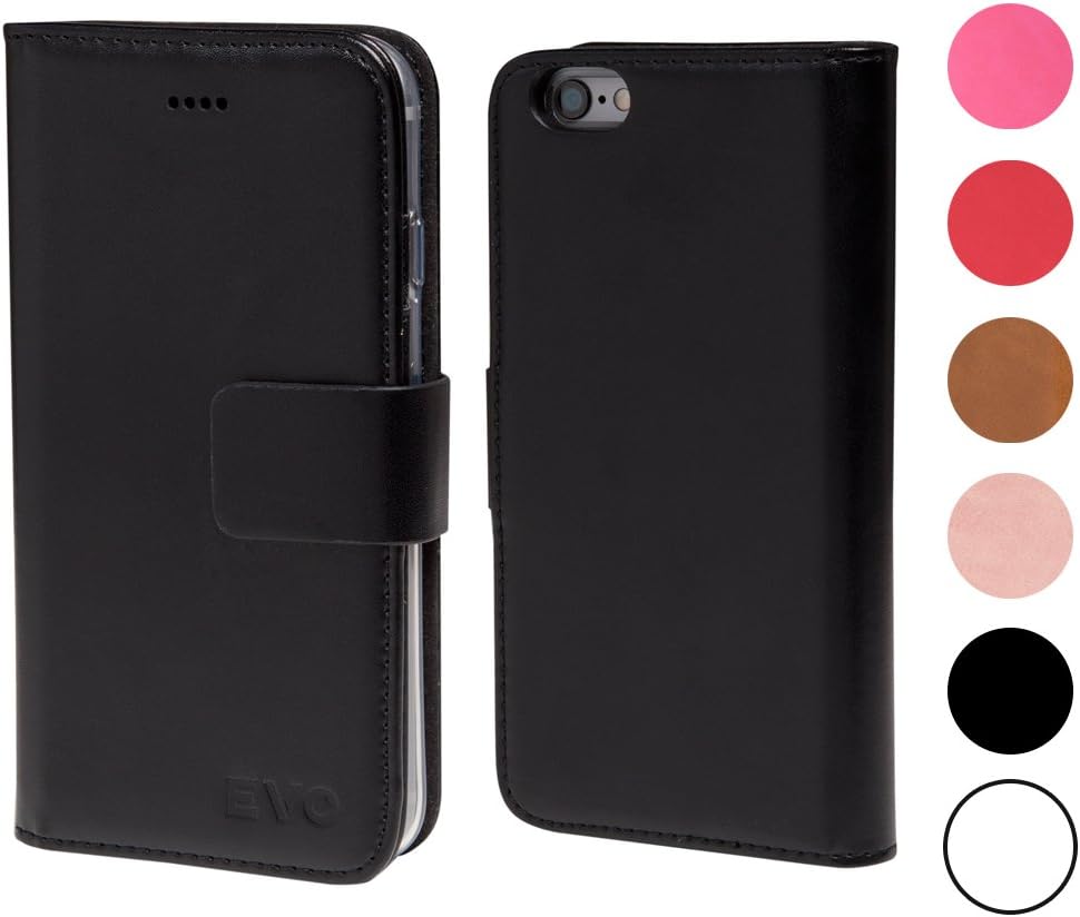 EvoAccessories® iPhone Wallet Phone Case: Smart Phone and Card Flipbook Organiser with Magnetic Clasp for iPhone 6 or 6S - Black PU Leather