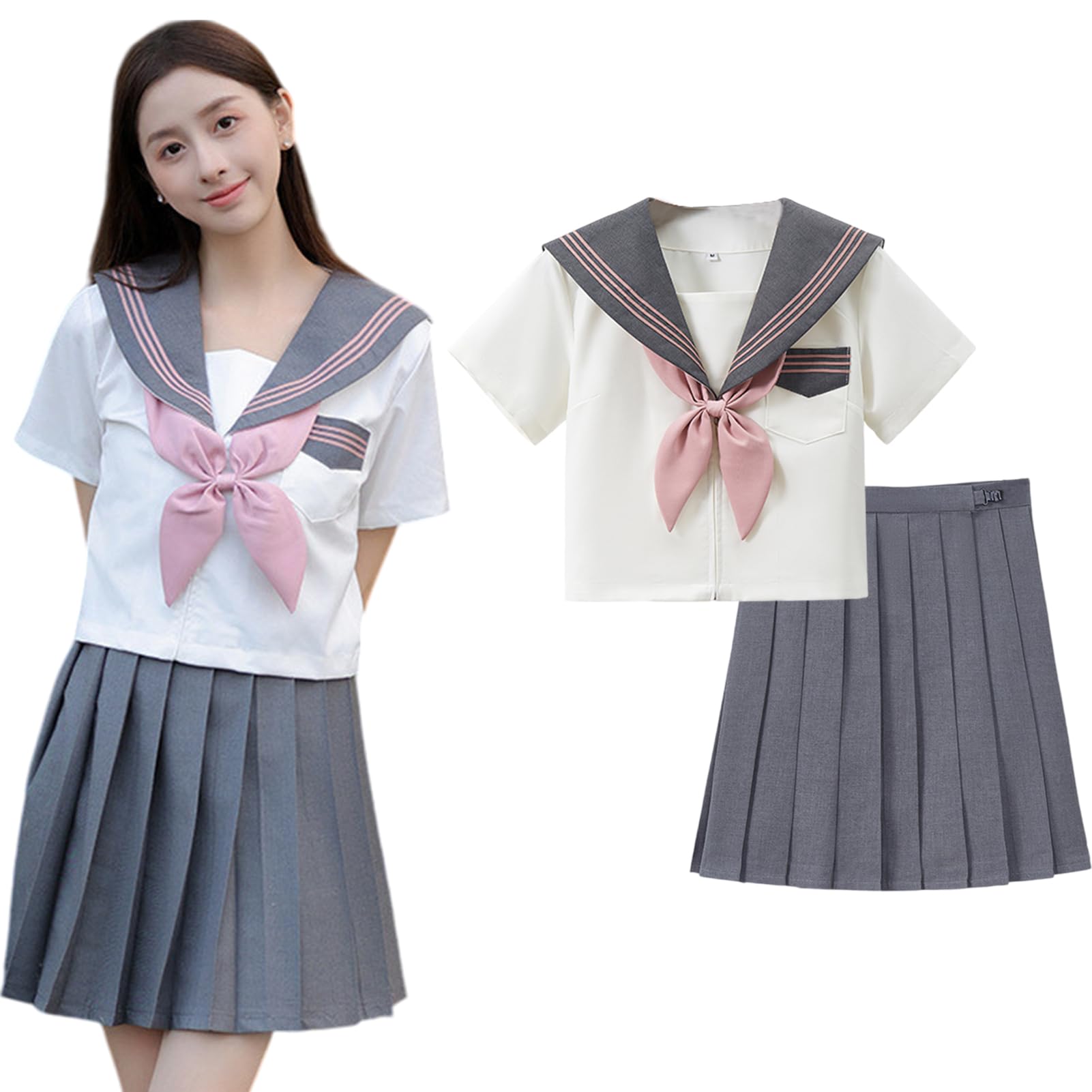 [Formemory] セーラー服 コスプレ JK 本格制服 半袖 長袖 シャツ スカート 蝶結び 3点セットコスプレ 仮装 女子高生 制服 ブラック 長袖 半袖 関西襟 学生服 イギリス風 學院風 スカート レディース リボン JK ボウタイ 中学生 かわいい 学園祭 文化祭 仮装 (グレー 半袖, 2XL) の商品画像