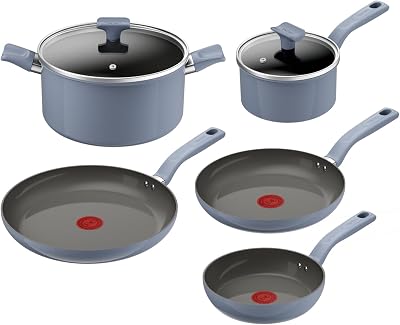 Cera Color On - Juego de 3 sartenes de 20/24/28 cm + Cazo con tapa de 16 cm + Olla con tapa de 24 cm, Revestimiento cerámico antiadherente de aluminio, 100% reciclado, Thermo-Signal