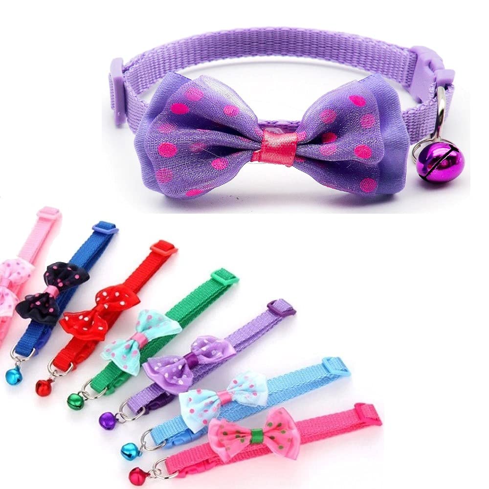 Small Dog Puppy Pet Collar Bow Tie Decoration with Bell Nylon Adjustable Size 19-32cm Light Purple