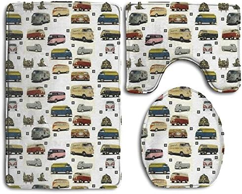 Soft Toilet Rug 3 Pieces Set,Volswagen Kleinbuses Design, Non Slip Bathroom Rugs, U-Shaped Toilet Mat, Toilet Lid Cover