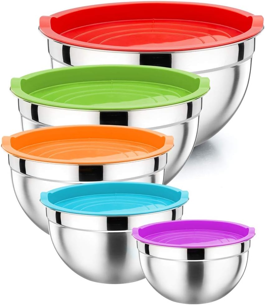 HaWare Mixing Bowl Set of 5, 100% Stainless Steel Nesting Metal Bowls with Airtight Lids, Heavy Duty & Dishwasher Safe