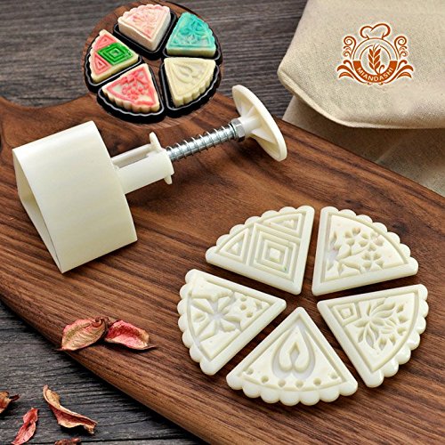 Moon Cake Mold with 5 Stamps - Mid Autumn Festival DIY Mooncake Decoration 50g Cookie Press Cookie Stamp Cake Cutter