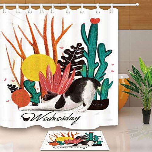 ChuaMi Polyester Fabric 70 x 82 Inches Shower Curtain Set with Hooks Mildew Resistant Waterproof Bath Decoration Curtain Suit with 40 x 60cm Non-slip Floor Mat Bath Rug (Cat Cactus Wednesday Set)