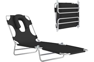 Outsunny Folding Lounge Chair Outdoor, Tanning Chair with Face Hole Arm Slots, Beach Chaise Lounger with Pillow, 5-Position A