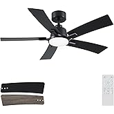 46 Inch Ceiling Fans with Lights and Remote, Black Ceiling Fan, Downrod Style with 5 Blades, Modern Design For Indoor Bedroom Living Room/Outdoor, 6 Speed Reversible DC Motor, 3CCT Dimmable LED