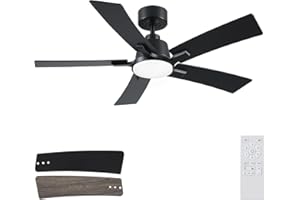 REALMATE 46 Inch Ceiling Fans with Lights and Remote, Black Ceiling Fan, Downrod Style with 5 Blades, Modern Design For Indoor Bedroom Living Room/Outdoor, 6 Speed Reversible DC Motor, 3CCT Dimmable LED