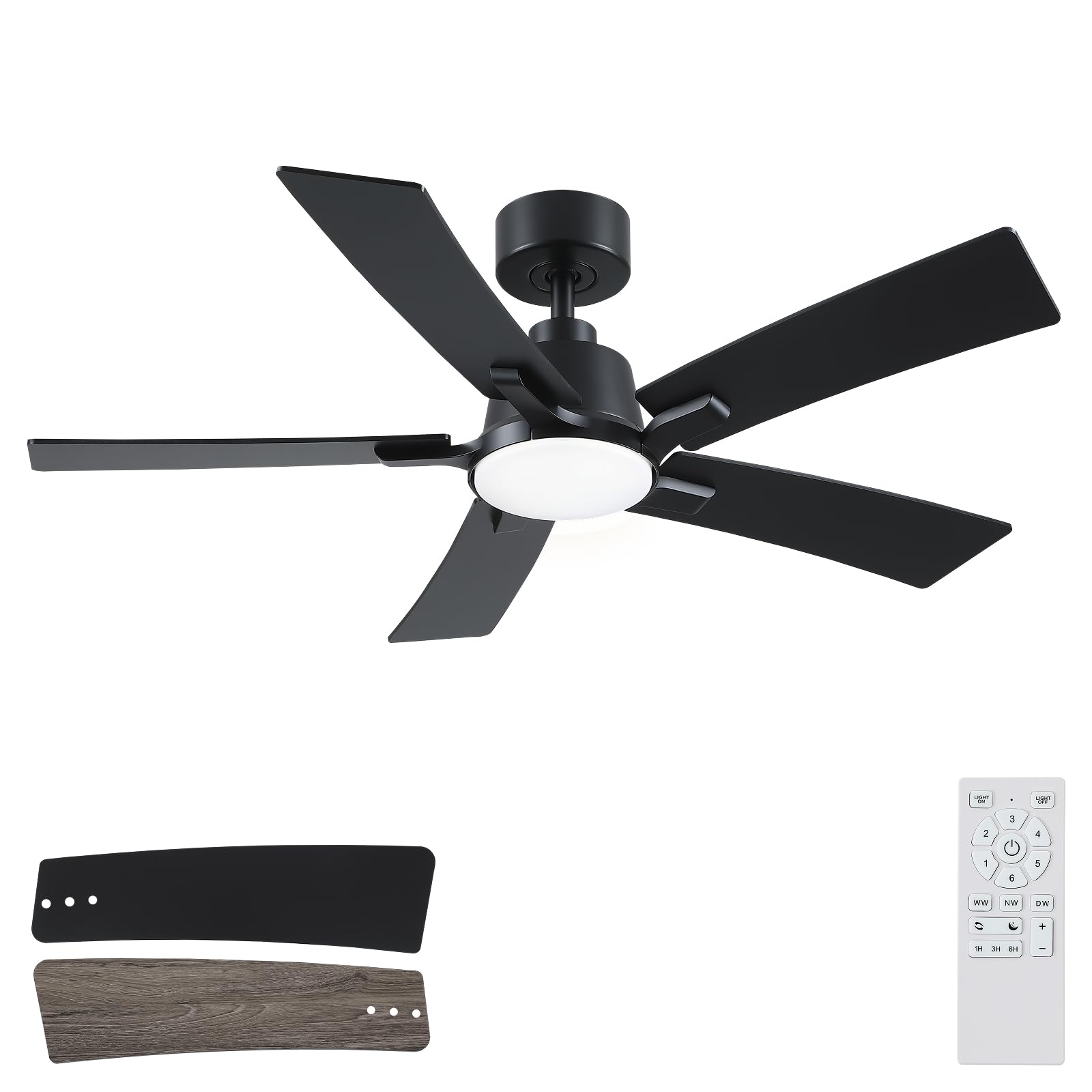 Photo 1 of 46 Inch Ceiling Fans with Lights and Remote, Black Ceiling Fan, Downrod Style with 5 Blades, Modern Design For Indoor Bedroom Living Room/Outdoor, 6 Speed Reversible DC Motor, 3CCT Dimmable LED