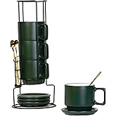 La Belle Maison Coffee Mug Set of 4-11.5 Oz Porcelain Stackable Coffee Mugs with Saucers, Spoons & Metal Stand - Ceramic Tea Cups with Rack - Dishwasher & Microwave Safe