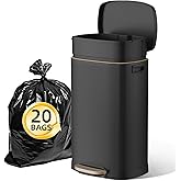KUK 13 Gallon Kitchen Trash Can with Lid, 50L/13Gal Office Step Garbage Can for Home, Kitchen, Laundry Room, Office, Brushed Stainless Steel, Black