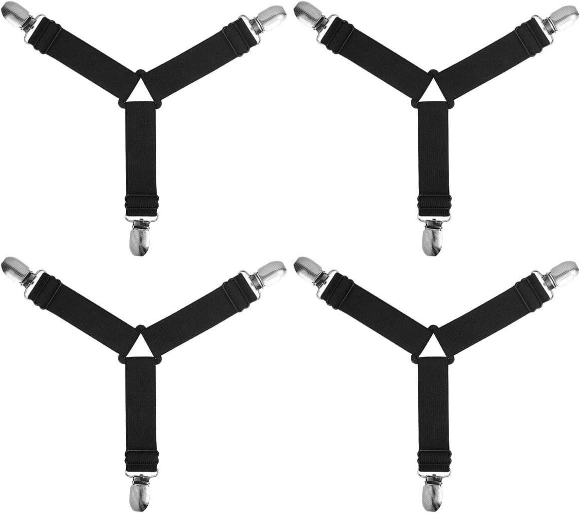 Adjustable Bed Sheet Holders,4X 3-Way Triangle Bed Sheet Clips Elastic Fasteners Grippers Braces Metal Clips Sheet Mattress Corner Straps Ideal For Ironing Board Covers (Black)