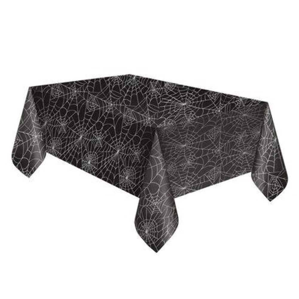 Unique Party 51003 - Plastic Black Spider Web Halloween Tablecloth, 7ft x 4.5ft
