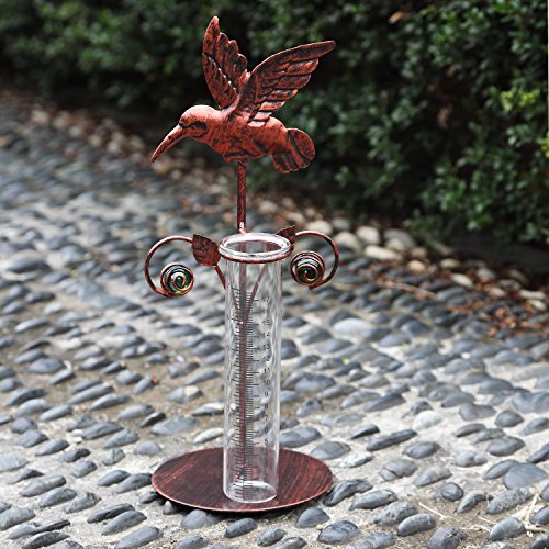 CEDAR HOME Rain Gauge Outdoor Garden Wireless Glass Brass Metal Tabletop Cute Professional Raingauge for Lawn Yard Patio Decor 8oz. by, 7" W x 6" D x 16" H, Copper Bird